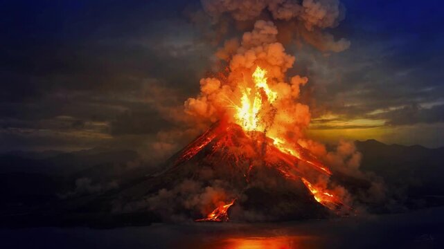 Volcanic Eruption Spewing Fiery Lava and Ash Into a Dramatic Night Sky Landscape