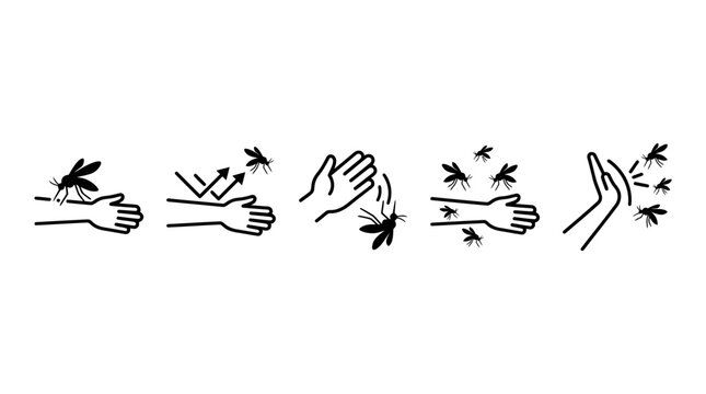 Black mosquito interaction icons set featuring landing, flying, swatting, clapping, striking motion, pest control, insect irritation symbols