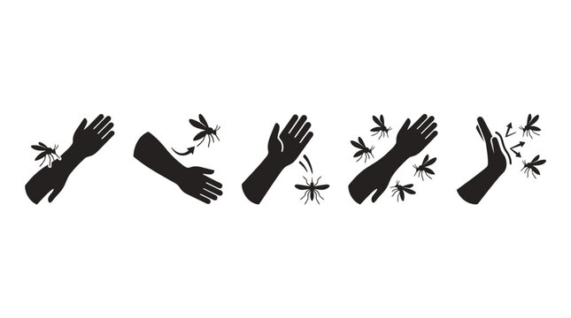 Black mosquito interaction icons set featuring landing, flying, swatting, clapping, striking motion, pest control, insect irritation symbols