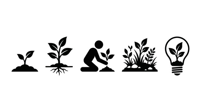 Black growth and sustainability icons set featuring sprout, roots, sapling planting, mature plant, eco light bulb, nature innovation symbols