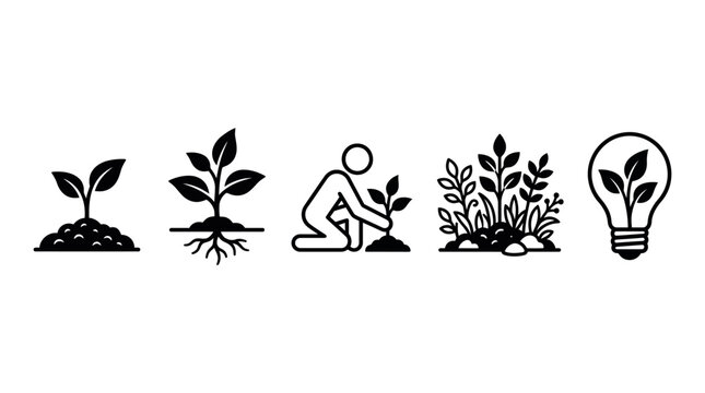 Black growth and sustainability icons set featuring sprout, roots, sapling planting, mature plant, eco light bulb, nature innovation symbols