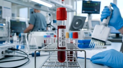 Fototapeta premium Blood sample in test tube, medical laboratory research and analysis