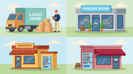 Obraz premium Grocery store facades and delivery truck with worker in a flat design illustration