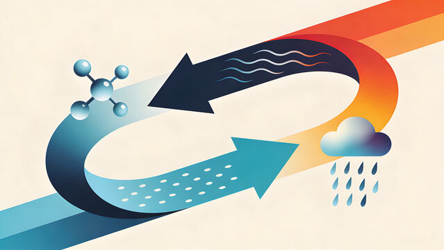 Abstract water cycle illustration with molecular structure and rain cloud on gradient background