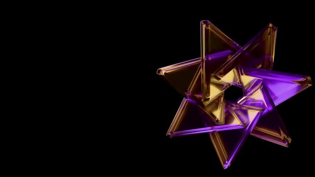 Abstract futuristic iridescent glass star with rotating geometric prisms on dark background seamless 3D loop animation