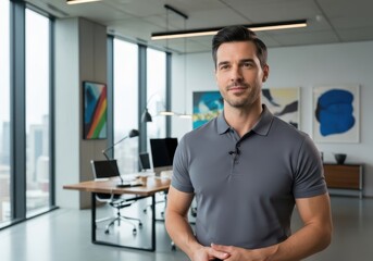 Fototapeta premium Confident Professional Businessman in Modern Office Setting Wearing Polo Shirt and Lapel Microphone