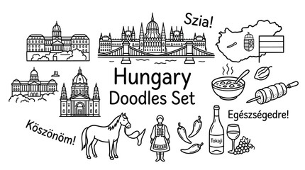 Obraz premium Hand drawn Hungary doodles set featuring Parliament, Chain Bridge, flag, goulash, wine, horse, castle, map, culture icons, traditional lifestyle