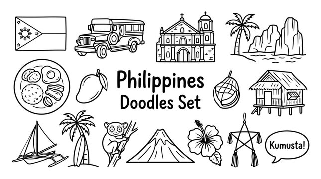Hand drawn Philippines doodles set featuring jeepney, flag, volcano, tarsier, parol, nipa hut, mango, hibiscus, church, sailboat, food, culture icons