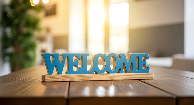 Blue welcome sign on wooden table in bright indoor setting