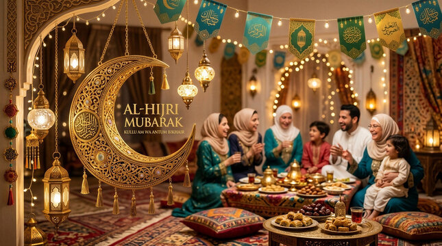 Islamic family gathering celebrating Al-Hijri Mubarakh with decorations and traditional foods
