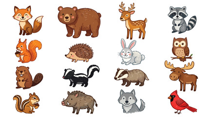 Obraz premium Cute Crayon Woodland Forest Animals Collection Hand Drawn Kids Style Vector