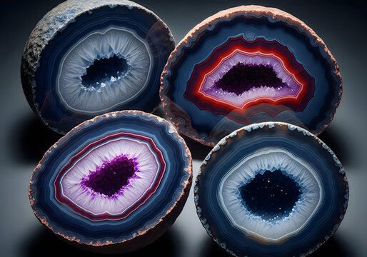 Dramatic geode slices display amethyst red and blue mineral specimens for interior decoration and collection
