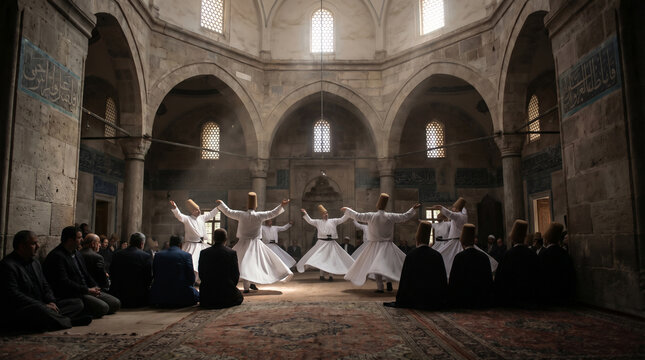 Whirling Dervishes Perform Spiritual Dance in Ancient Sufi Lodge with Audience