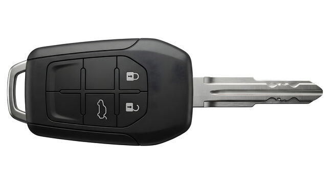 Modern car key fob with stainless steel key blade on dark background