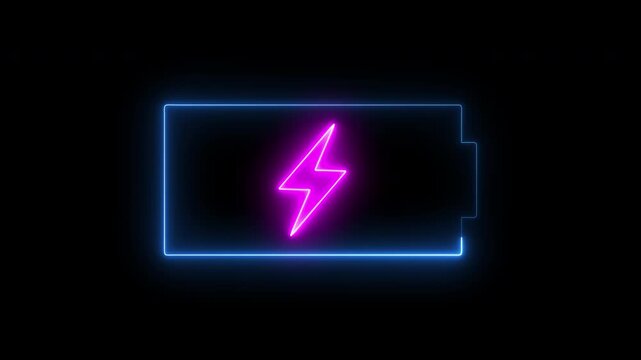 Glowing blue and purple neon line Battery icon animated, glowing battery icon with Lightning bolt symbol. 4K video