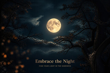 Fototapeta premium A bright full moon shines over a dark, silhouetted forest under a cloudy night sky.