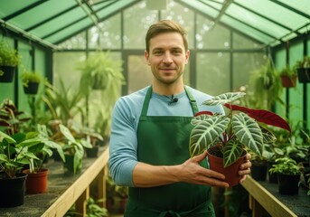 Obraz premium Smiling Male Gardener Holding Potted Alocasia Plant in a Lush Greenhouse Nursery Setting