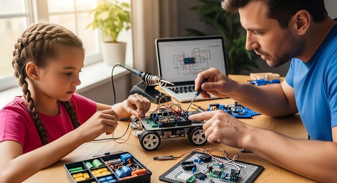 Father and daughter build a robot car with electronics at home