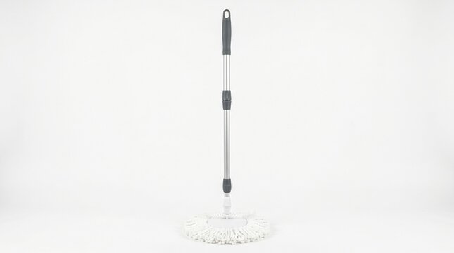 A modern spin mop with an adjustable handle isolated on white background
