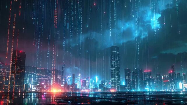 Cyberpunk cityscape with binary code rain, reflecting in a wet surface