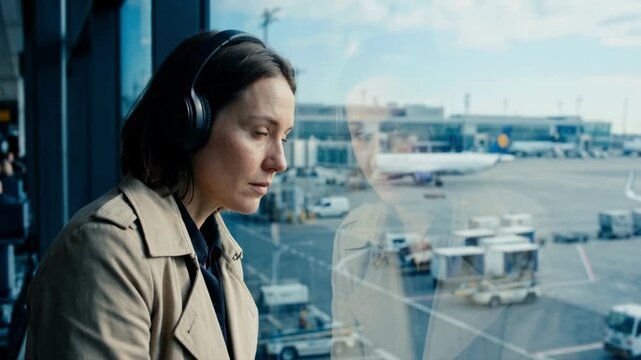 Female traveler wearing headphones looks thoughtfully through a large glass window at airplanes inside an airport terminal representing global transportation and modern business travel