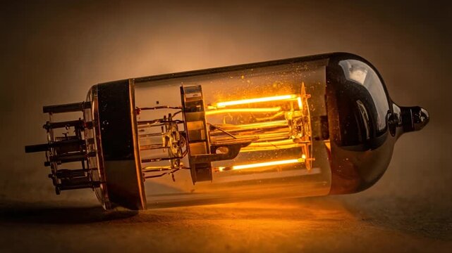 A glowing vacuum tube, lit from within, lies horizontally against a warm brown backdrop