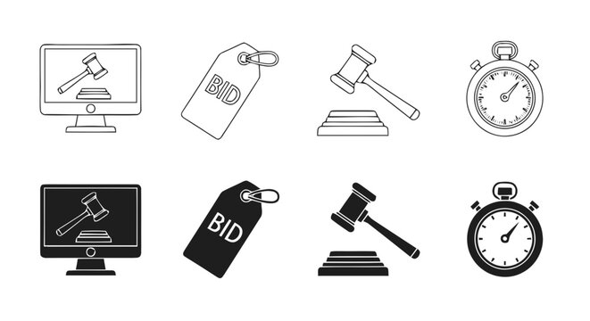 Vector illustration of auction icons set, online bidding and time limit symbols on a transparent background