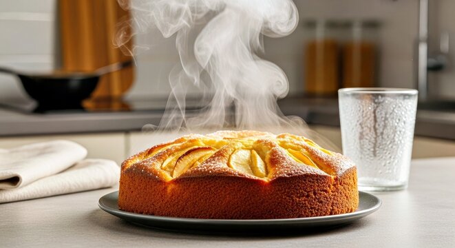 Freshly Baked Apple Cake With Caramelized Topping on Black Plate With Steam Rising