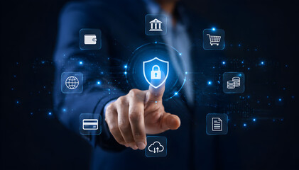 Fototapeta premium Business Professional Interacting with Digital Cybersecurity and Data Protection Interface – Shield, Lock, Security, Bank, Shopping, Credit, Cloud, Document, Digital, Technology