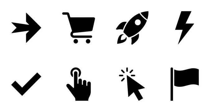 8 Solid Icons for UI and Web Interface Design: Arrow, Cart, Rocket, Lightning, Check, Hand, Cursor, Flag