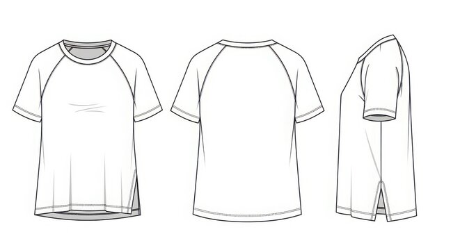 Technical fashion illustration of women's raglan sleeve t shirt front back and side views