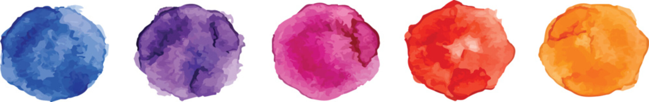 Five artistic watercolor paint blotches in a horizontal line with watercolor