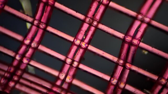 Red tulle fabric under microscope 100x magnification - Macro texture