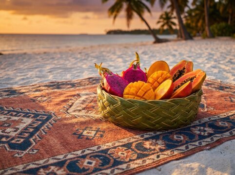 Tropical fruits in woven basket on patterned rug on sandy beach at sunset with palm trees