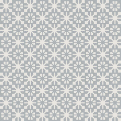 Fototapeta premium Geo flowers checkered ivory & light blue wallpaper, fabric, home décor pattern 