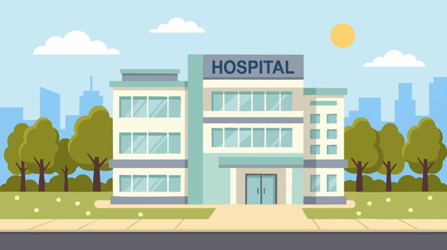 Modern hospital building exterior in a flat cartoon style with city background