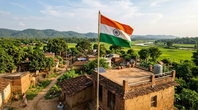 Indian flag waving proudly on rooftop in rural landscape with mountains and fields