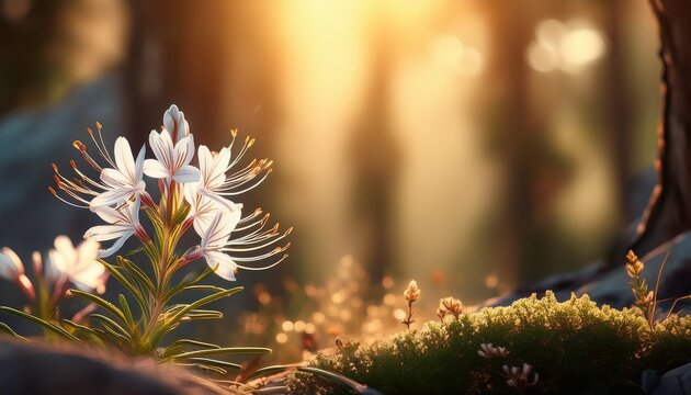 Wild Asphodel Flower Blooming In Sunlit Forest With Copyspace Concept Of Nature Conservation Ecology Botany