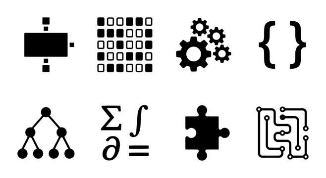 Technology icon set algorithms, circuits, math and gears outline, solid and color styles