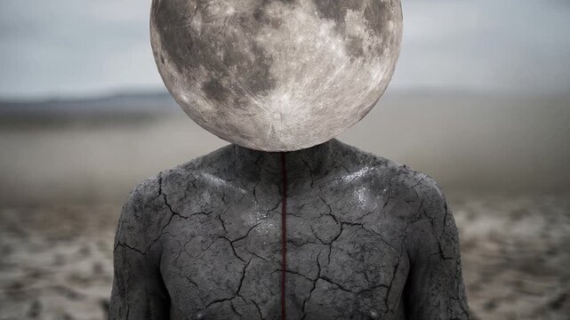 Surreal humanoid figure with a detailed moon instead of a head stands motionless on a dry cracked desert landscape representing severe global drought and complex psychological alienation