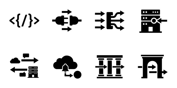 Technology icon set code, connection, data flow, server, cloud, gateway outline, solid and color styles