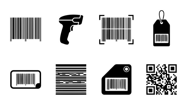 Barcode and QR code icon set scanner, tag, scan styles, white background