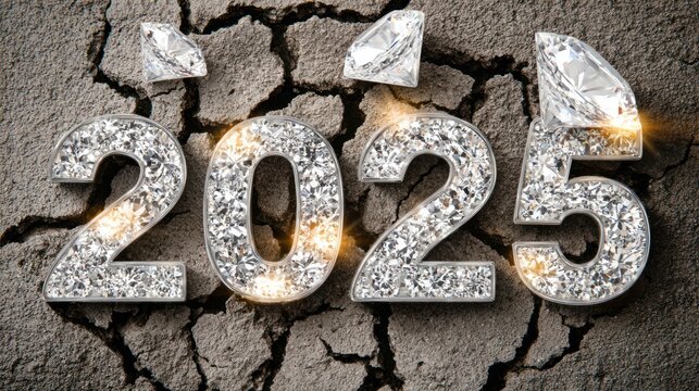 Sparkling Diamond Number 2025 on Cracked Earth Background
