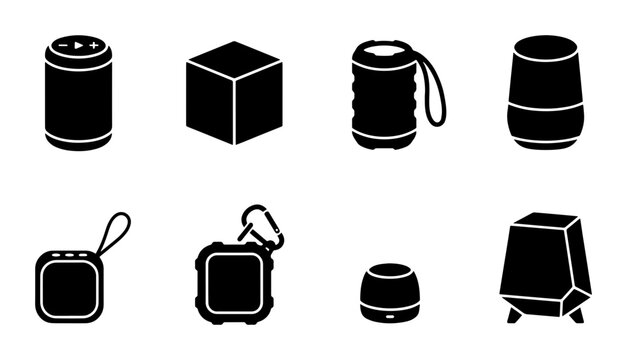 Speaker icon set portable audio devices outline, solid and color styles