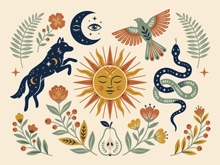 Obraz premium Mystical Celestial Folk Art Collection with Sun Moon Wolf and Snake Illustrations