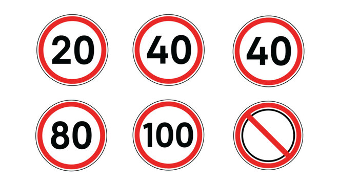 Collection of Road Speed Limit Signs and No Entry Sign.