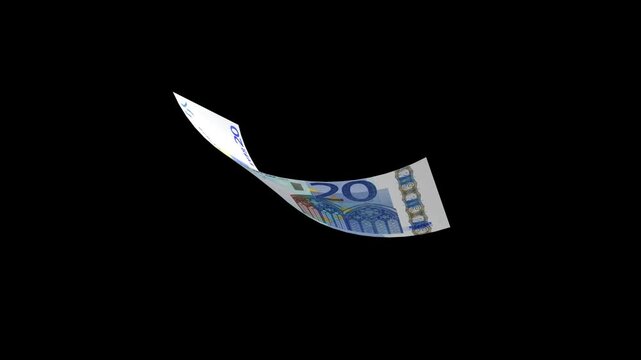 A 20 euro banknote bends and rotates while floating against a black background, 3D render