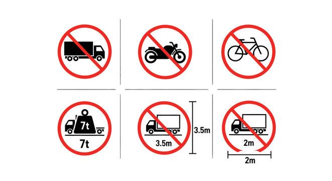 Set of six traffic prohibition signs for vehicles and restrictions.