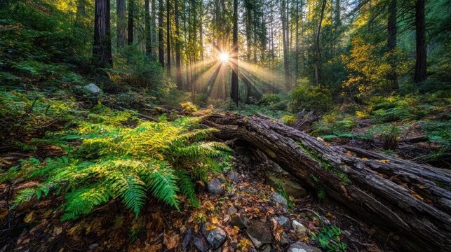 Sunlight Filtering Through Dense Forest with Fallen Tree on Forest Floor