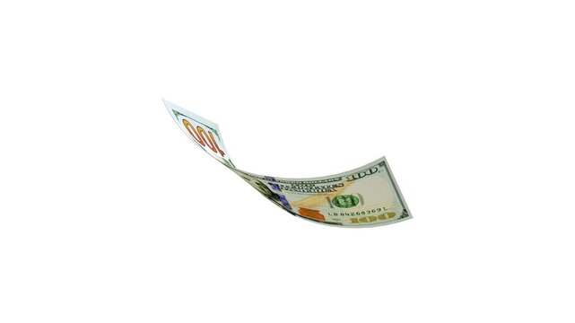 A US hundred dollar bill bends and flips in midair against a white background, isolated 3D render